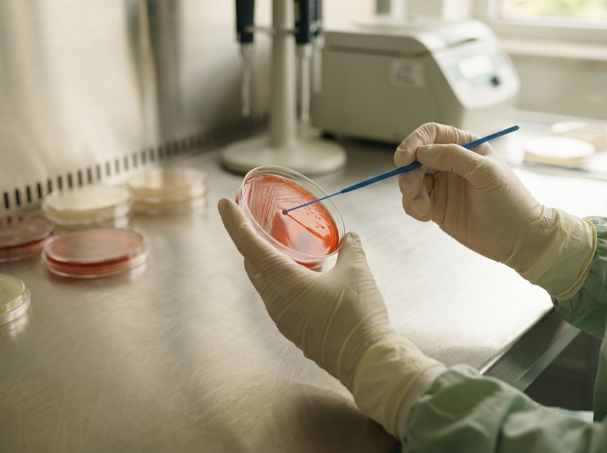 Lab technician inoculating culture plates for gastrointestinal specimen testing