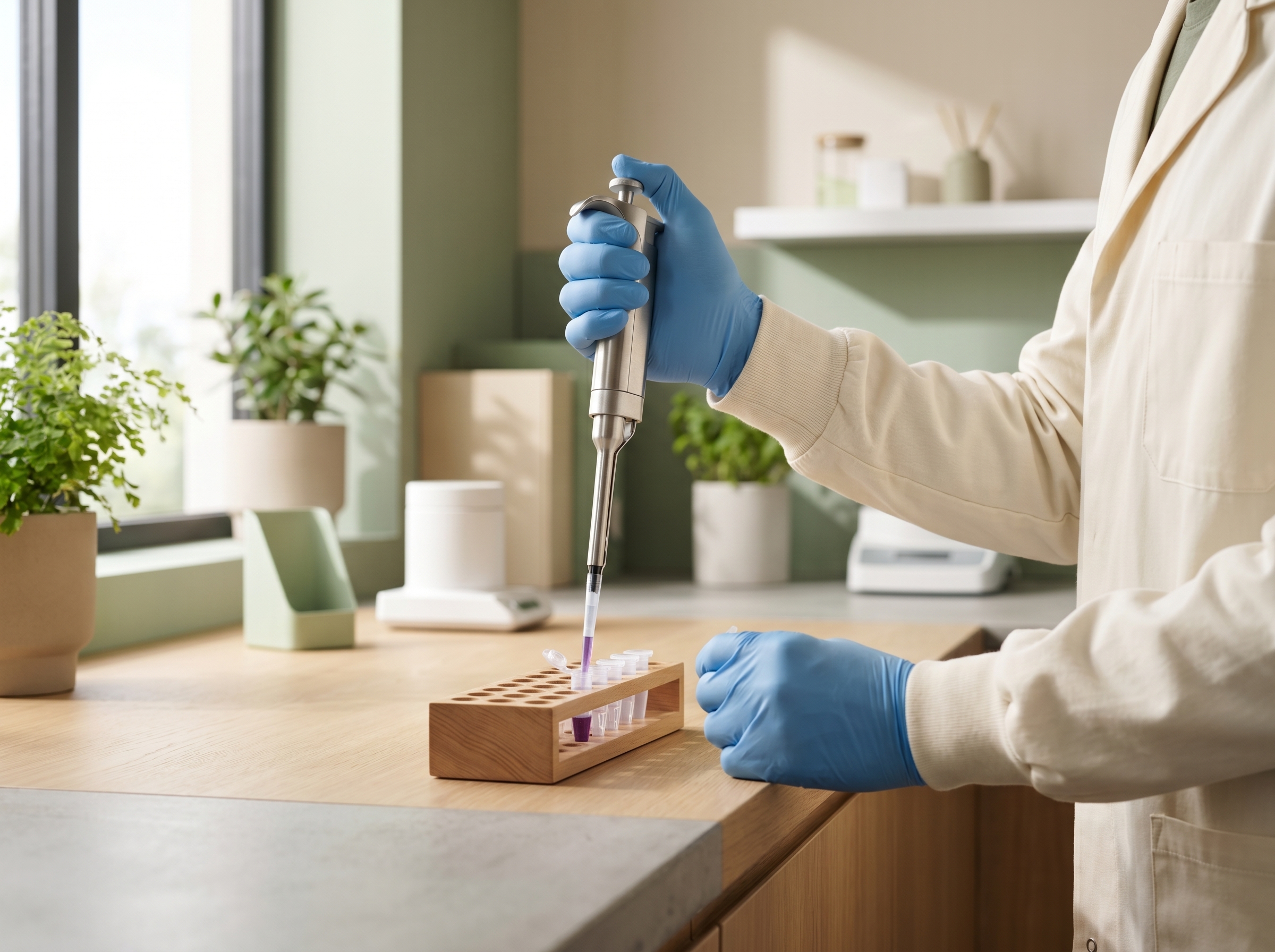 Lab professional using a pipette to prepare samples in a clean, well-lit setting