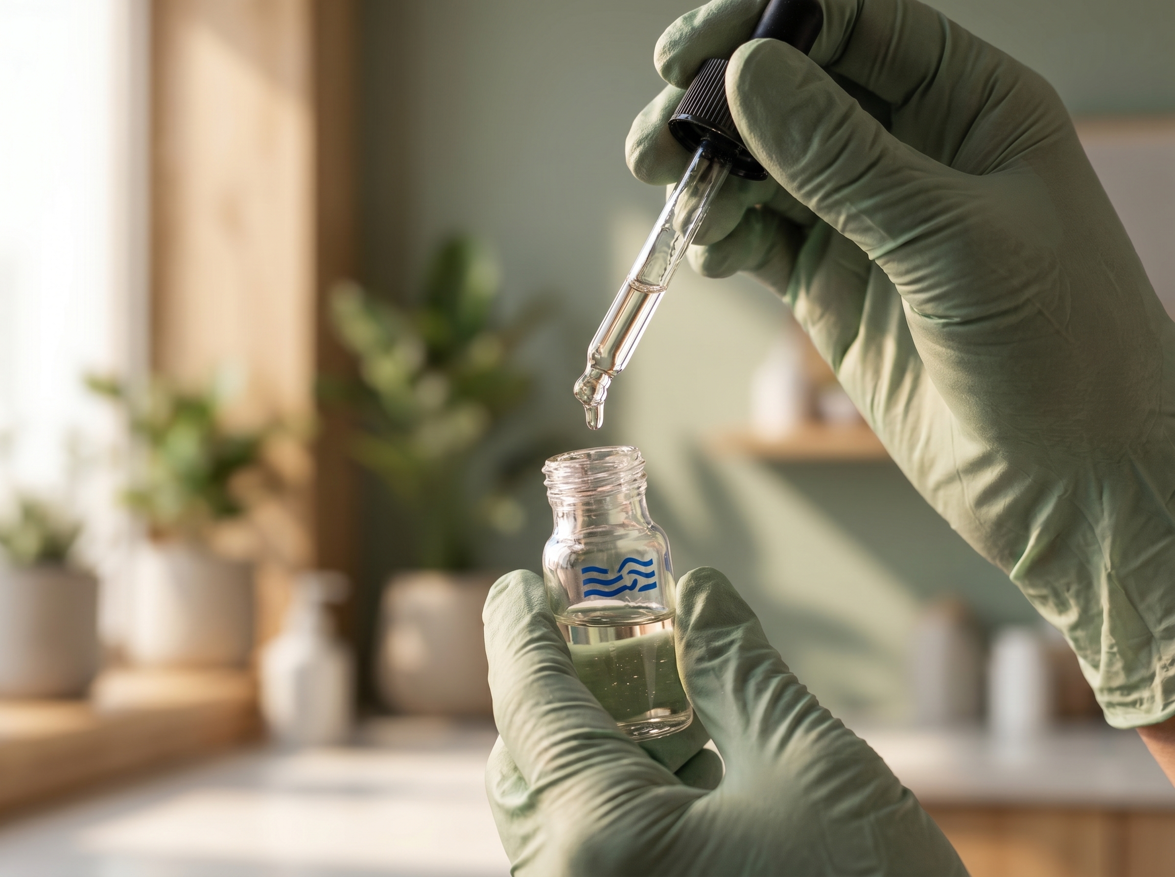 Lab professional handling a specimen vial with dropper in a carefully controlled environment