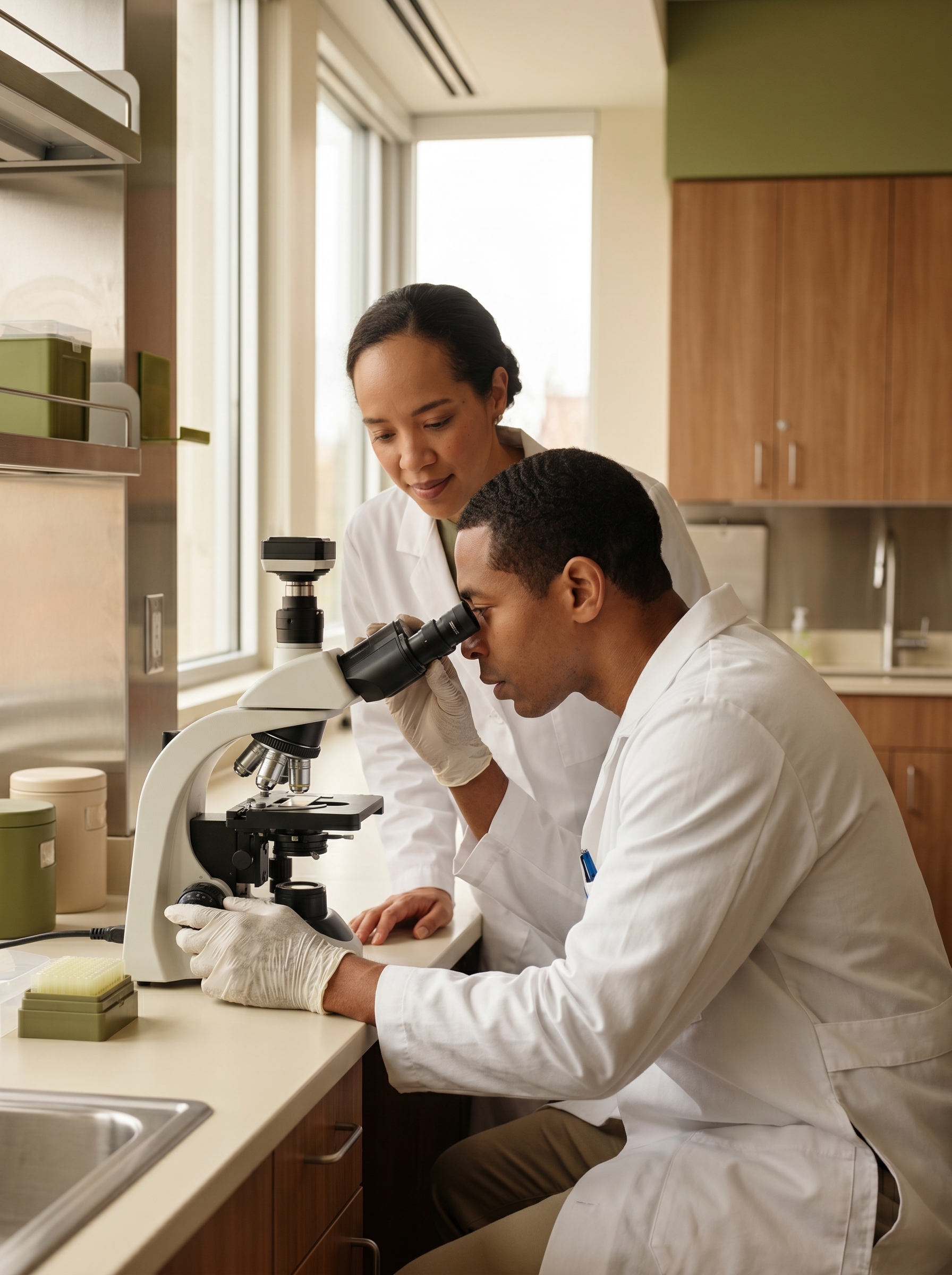 Two lab professionals in white coats reviewing slides together at a laboratory microscope