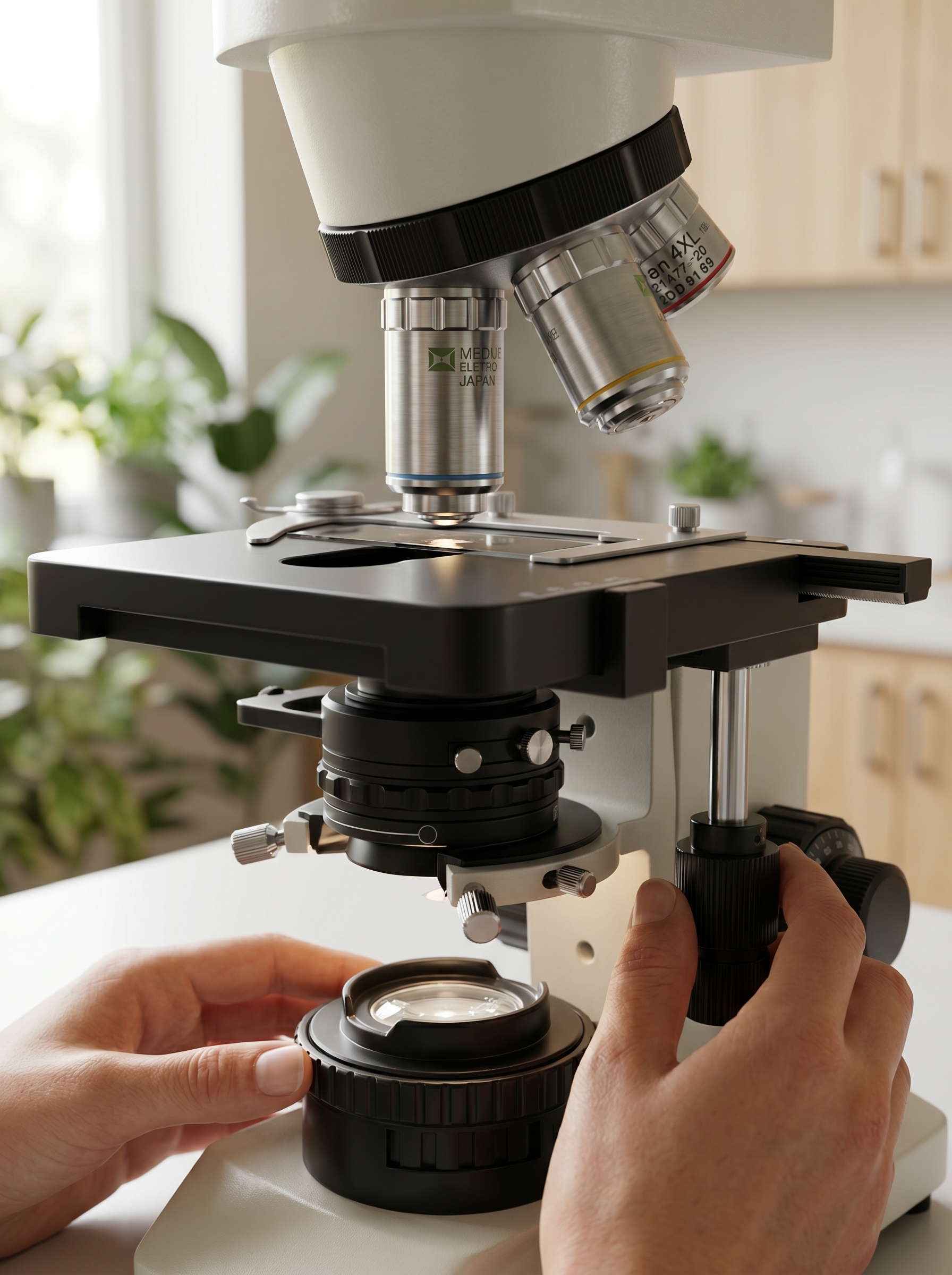Close-up view of a laboratory microscope with a slide prepared for specimen analysis