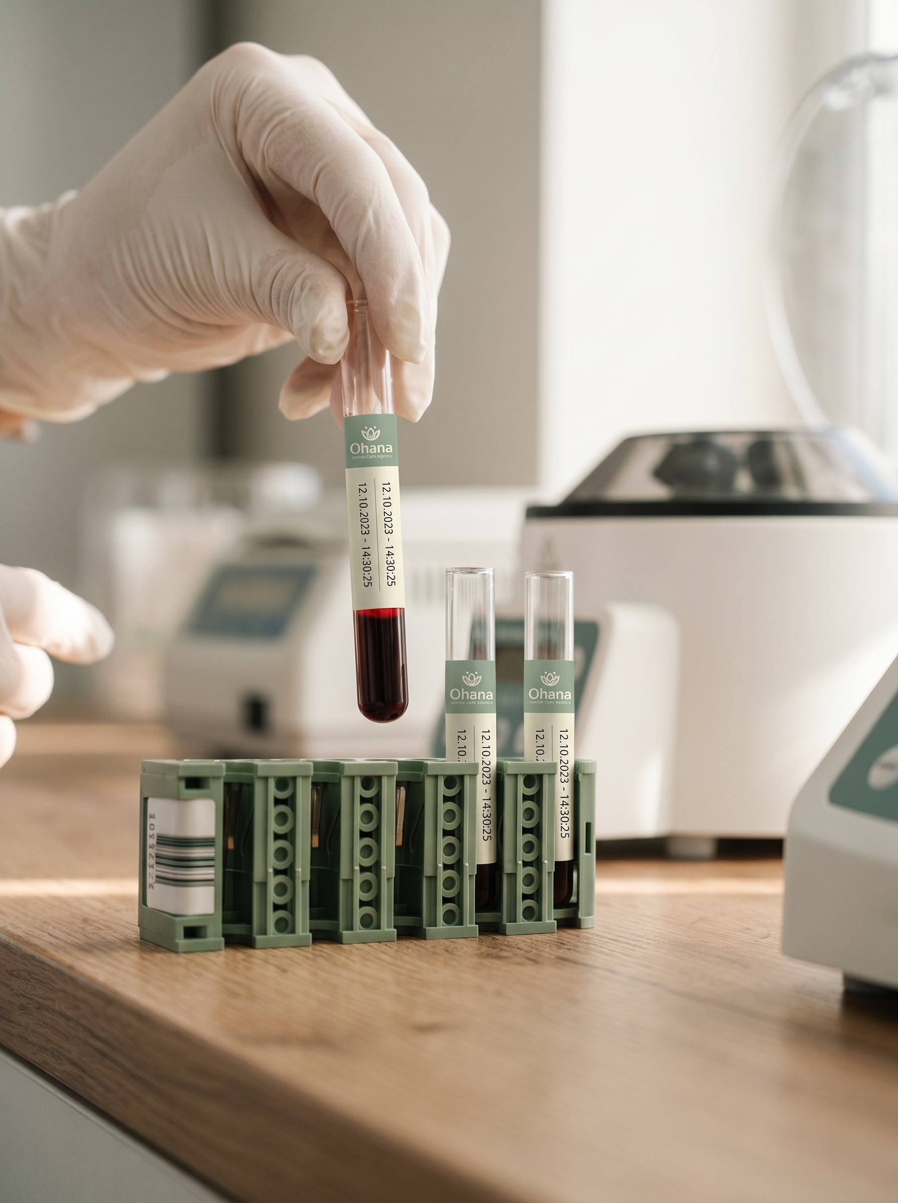 Gloved hand holding a labeled blood collection tube next to a rack of specimen vials
