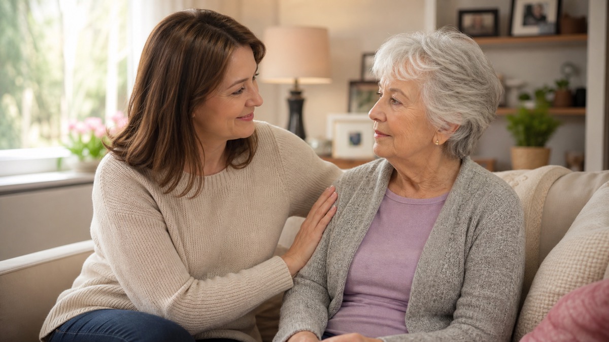 A senior receiving calm behavioral health support from a family member at home