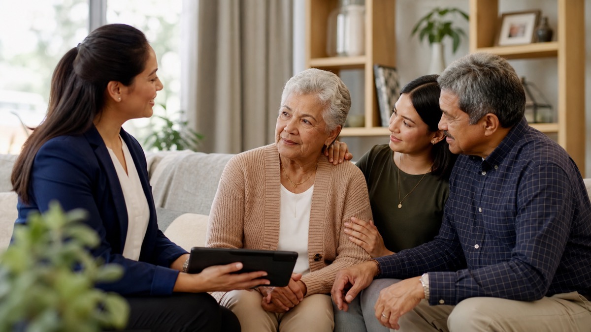 A family and caregiver supporting an elderly loved one at home