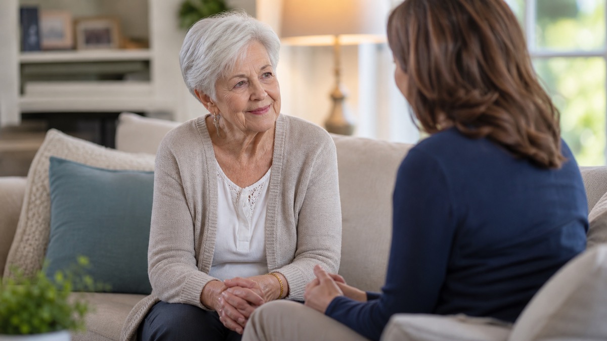 A senior receiving calm counseling support coordination in a warm setting