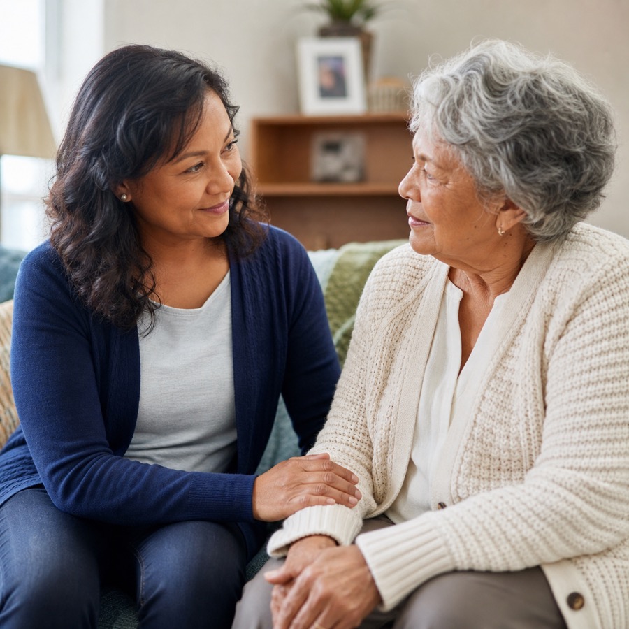 A senior and caregiver discussing care planning in a calm home setting