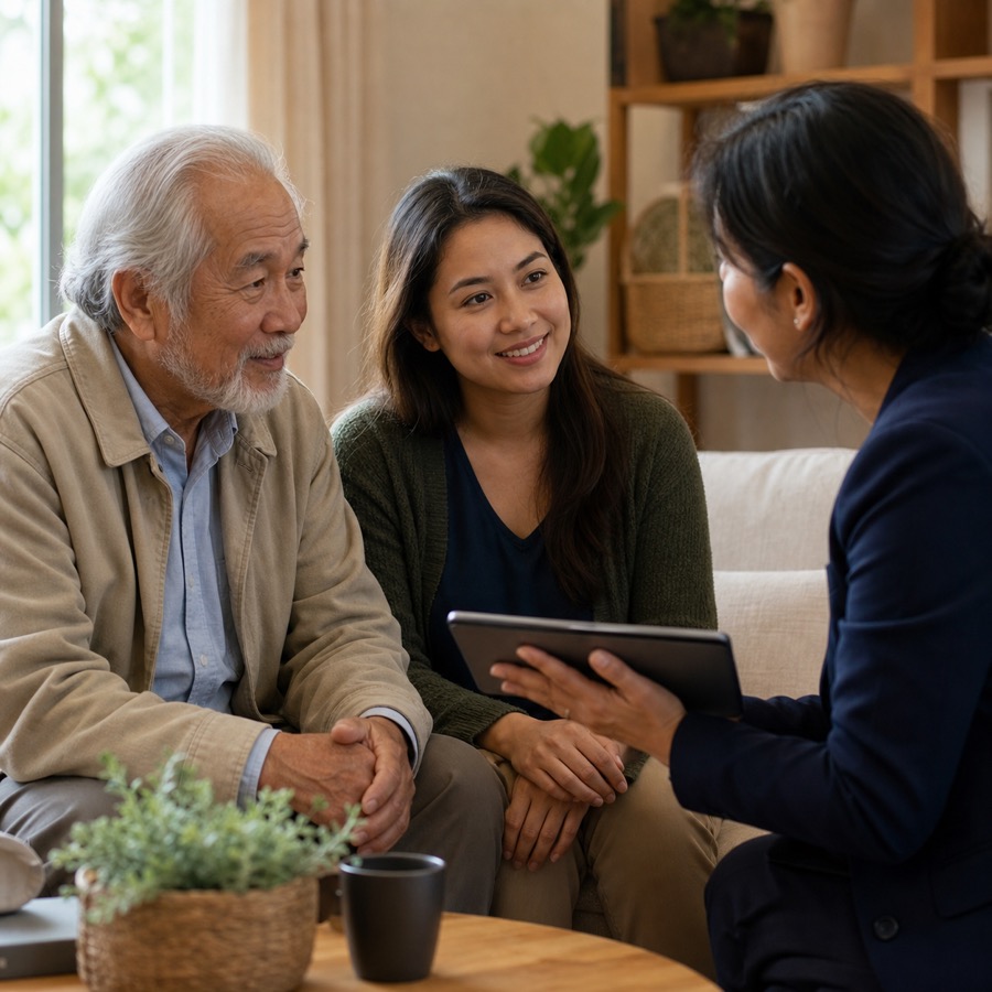 A senior and family member speaking with a care navigator about counseling resources