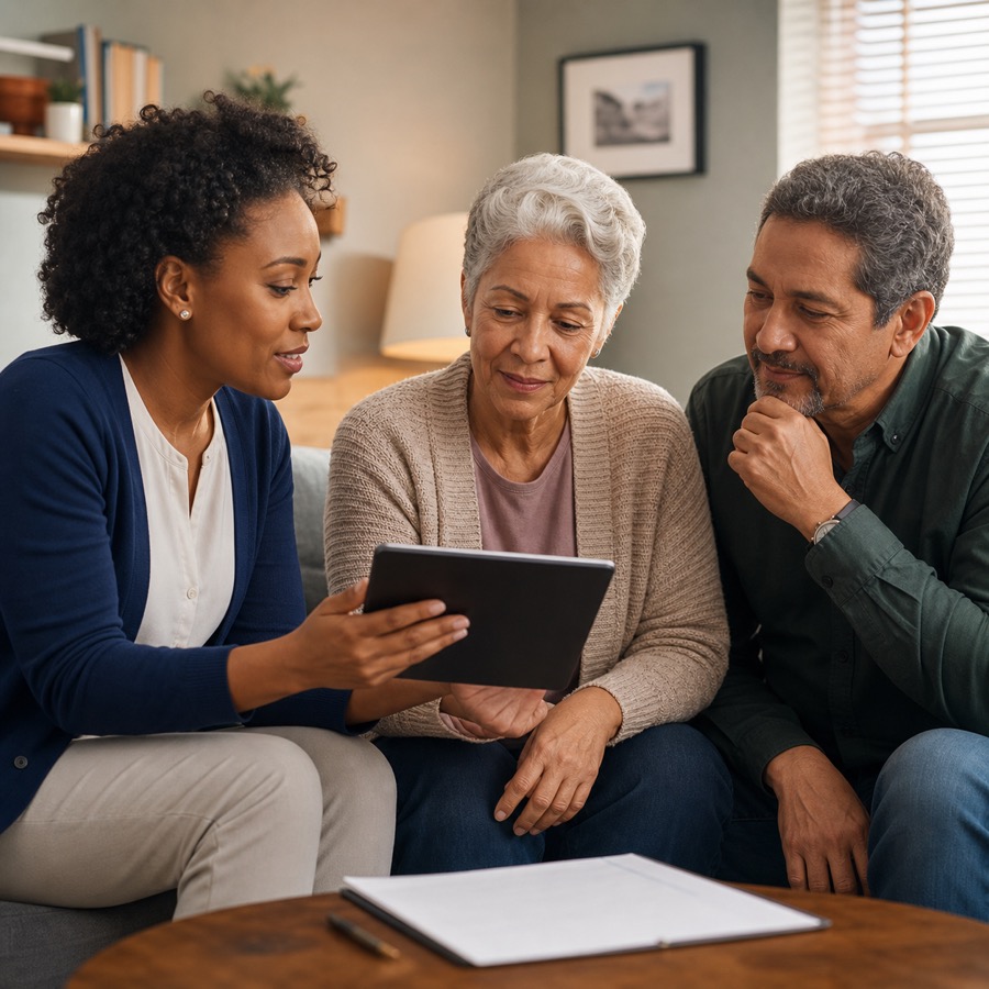 A coordinator helping a senior and family review behavioral health provider options
