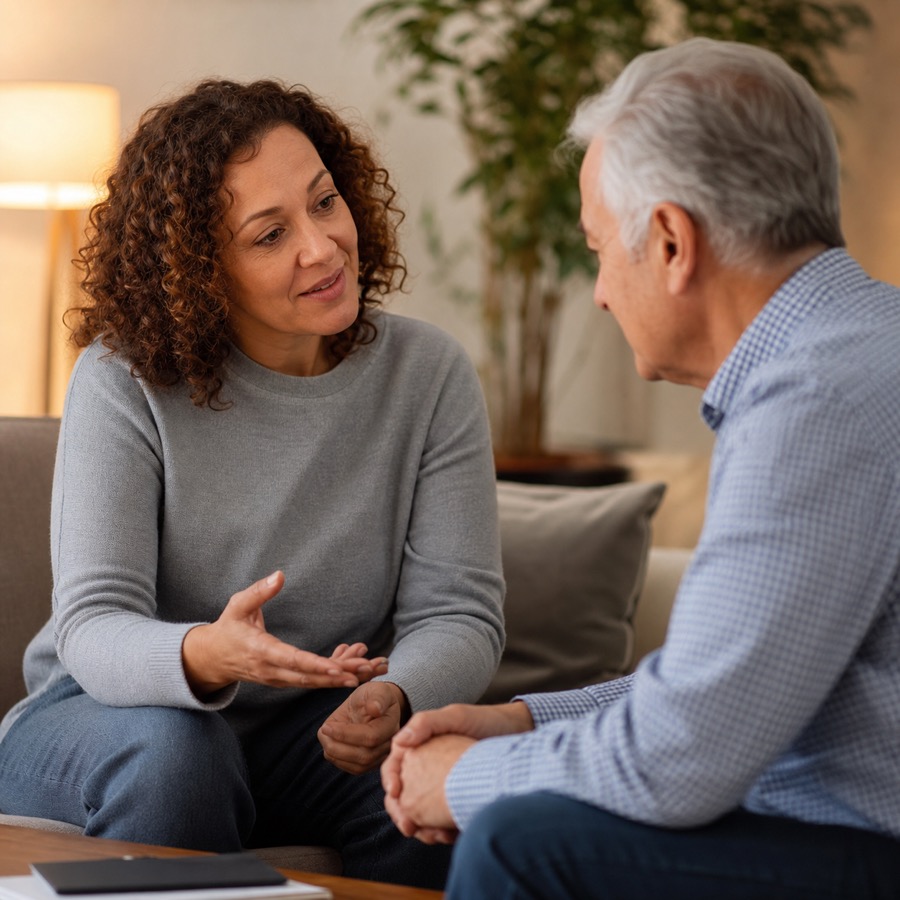 A senior or family member receiving respectful support resource navigation
