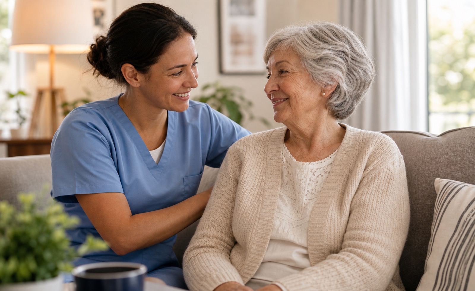 A caregiver sharing a warm moment with a senior woman at home