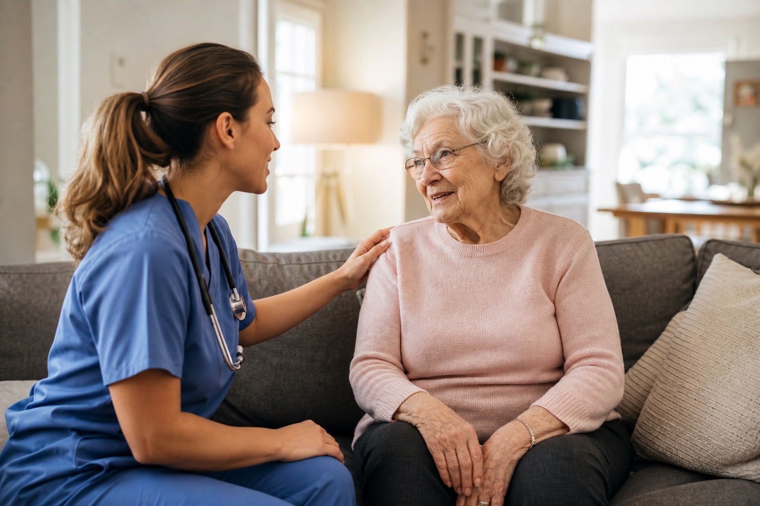 A home health nurse visiting and reassuring a senior woman in her living room