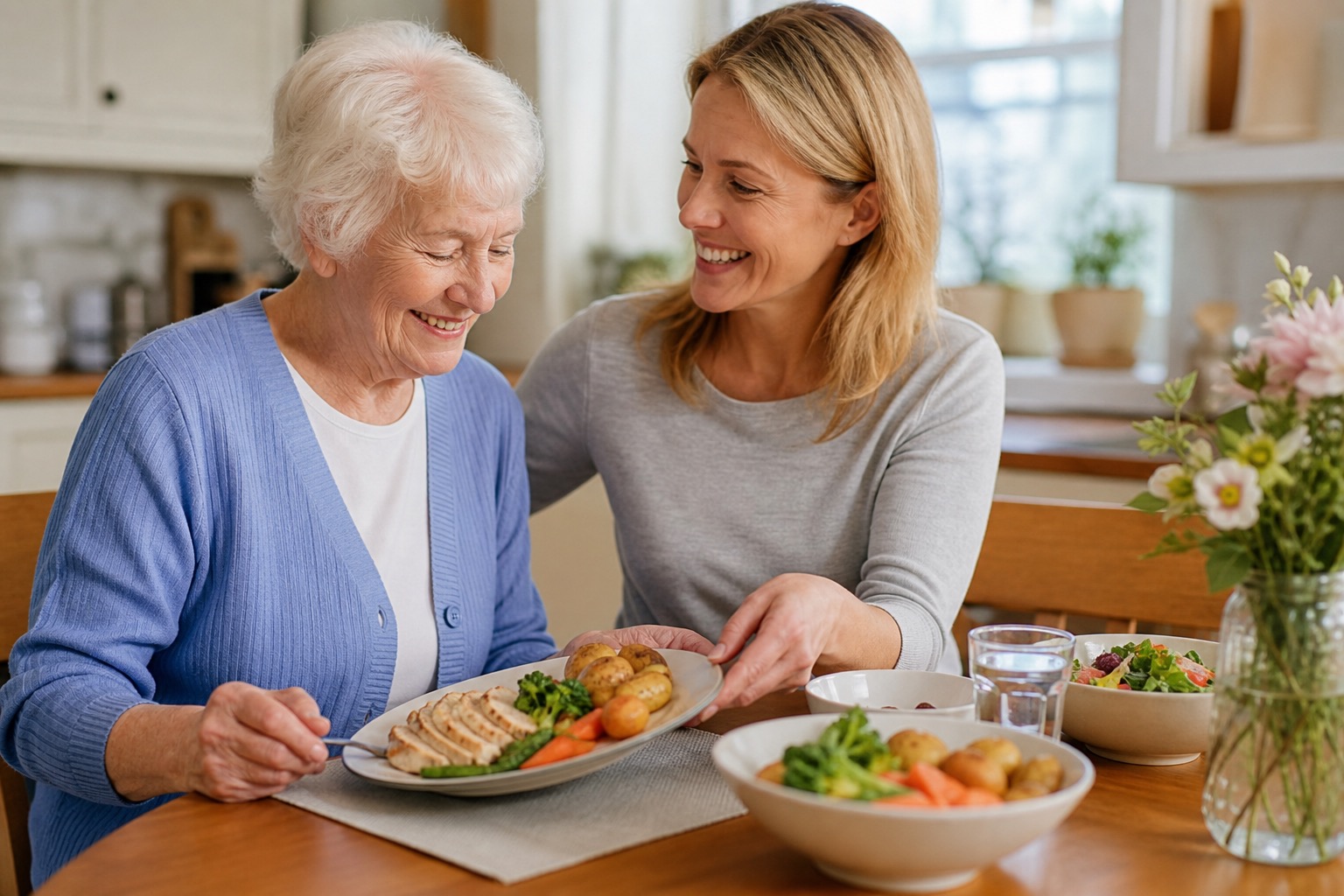 A senior enjoying a nutritious, balanced meal served at home