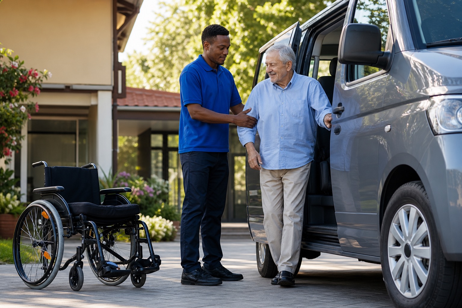 A transport attendant assisting a senior into a wheelchair-accessible medical transport van