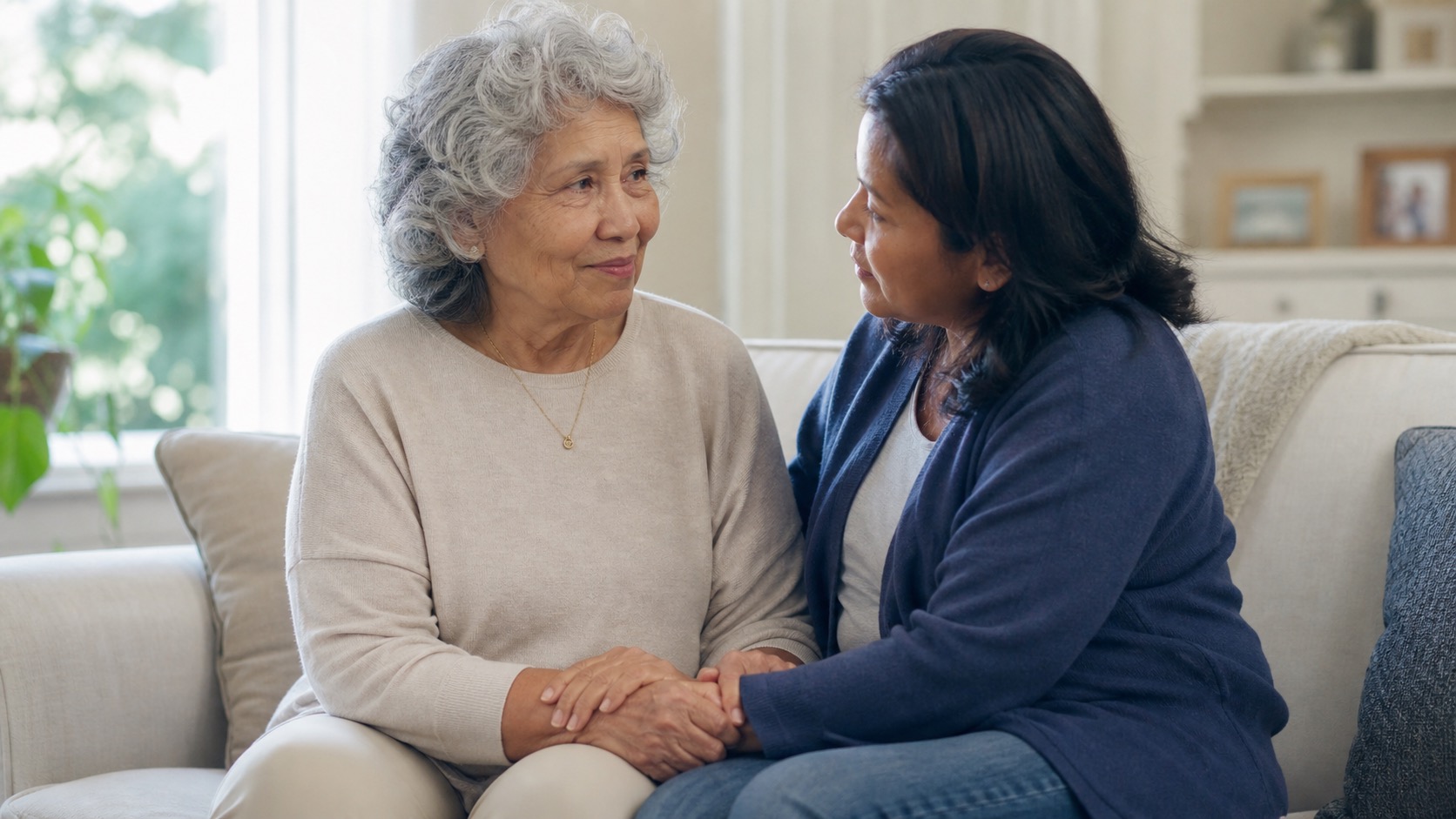 A senior receiving warm emotional support from a companion at home