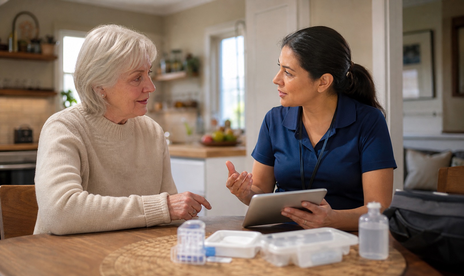 A mobile health worker coordinating at-home lab collection with a senior at her kitchen table