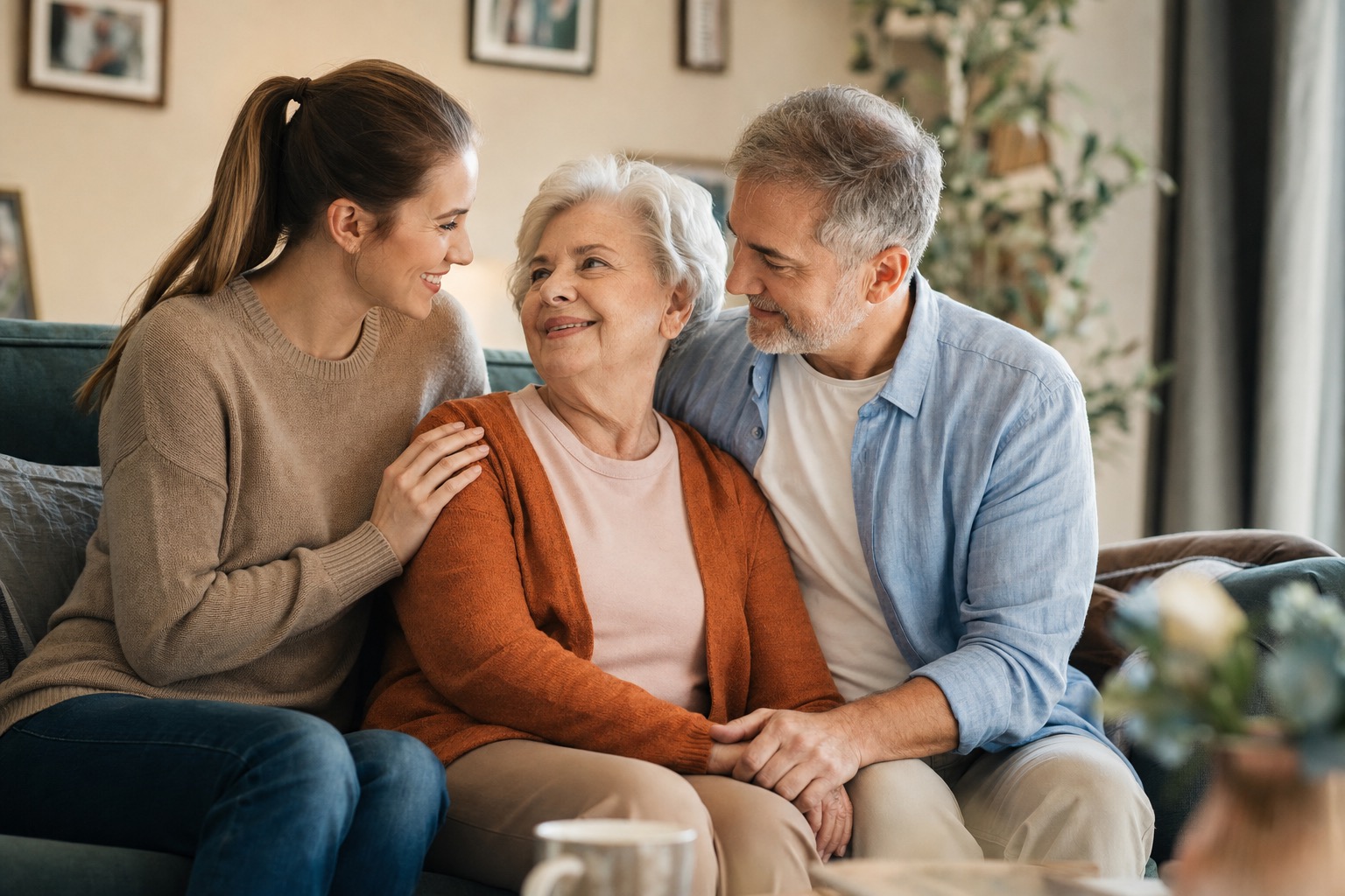 Adult family members comforting and supporting a senior loved one at home