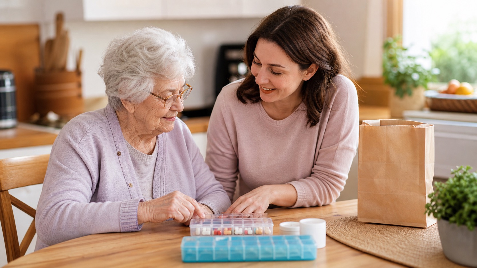 A senior and family member organizing a weekly pill organizer with a home medication delivery
