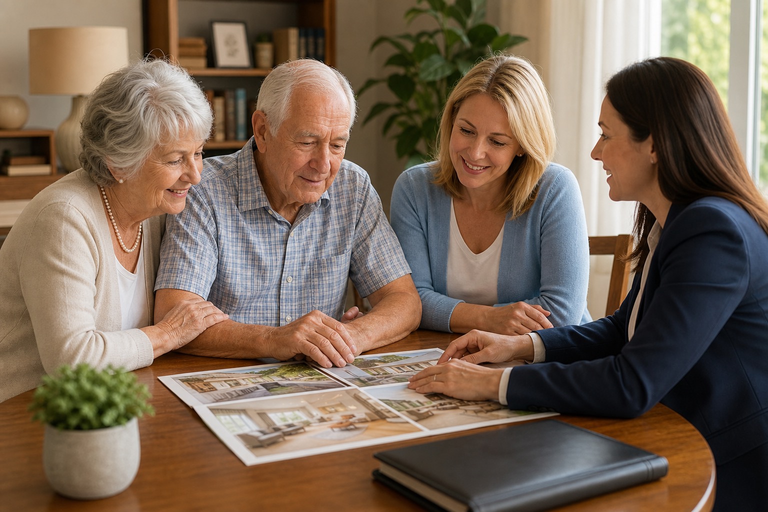 A placement advisor reviewing senior living community options with an elderly couple and their family