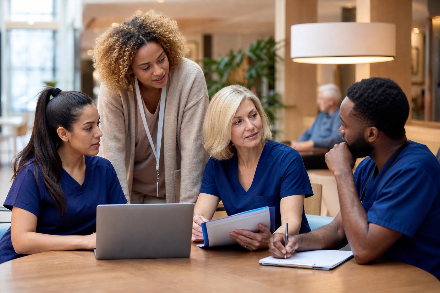 A staffing coordinator reviewing placements with a team of credentialed clinical staff