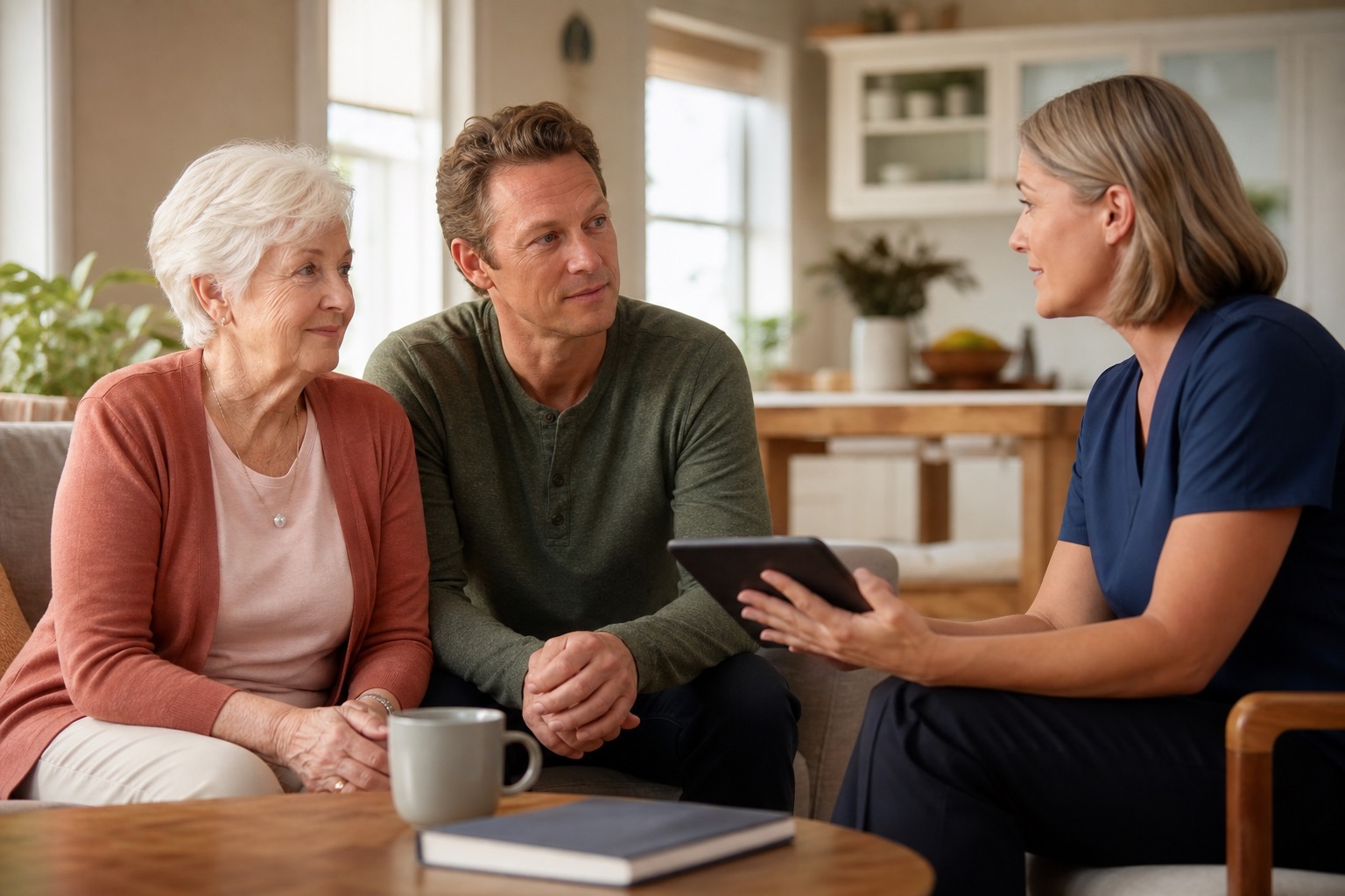 A care coordinator discussing a wound care plan with a senior and family member at home