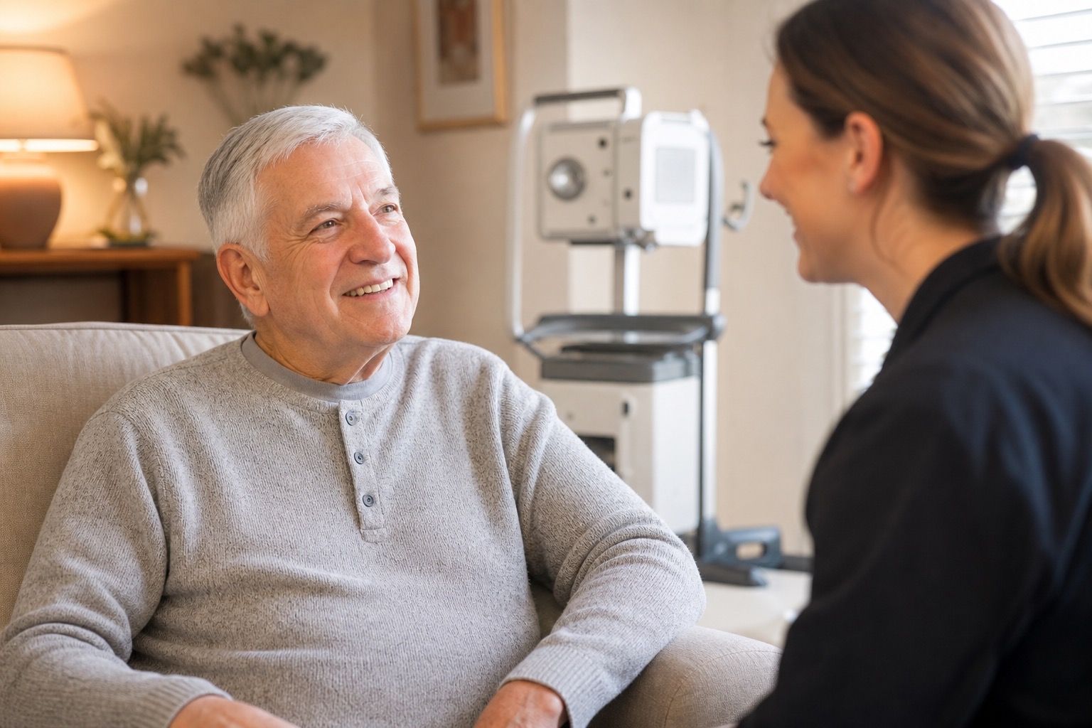 A senior at home with a technician and portable X-ray equipment ready for in-home imaging